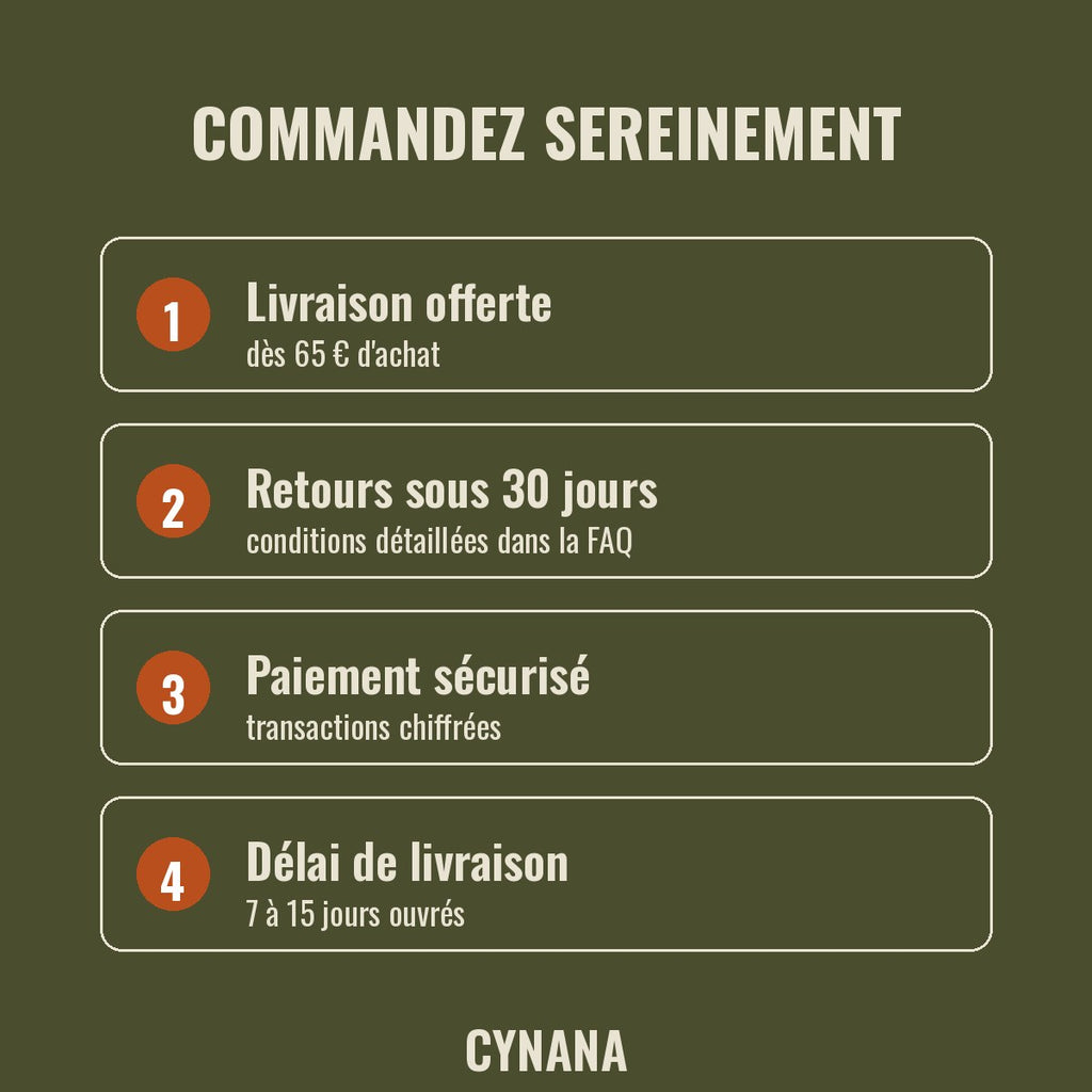 Garanties Cynana : livraison offerte dès 65 €, retours sous 30 jours, paiement sécurisé, livraison en 7 à 15 jours ouvrés