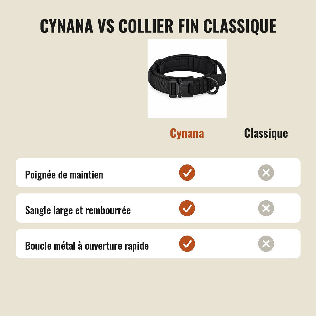 Comparatif entre le collier tactique Cynana et un collier fin classique