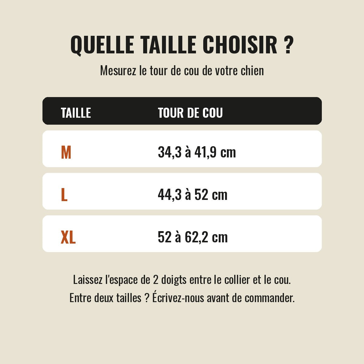 Guide des tailles du collier Cynana : M 34,3 à 41,9 cm, L 44,3 à 52 cm, XL 52 à 62,2 cm de tour de cou