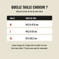 Guide des tailles du collier Cynana : M 34,3 à 41,9 cm, L 44,3 à 52 cm, XL 52 à 62,2 cm de tour de cou
