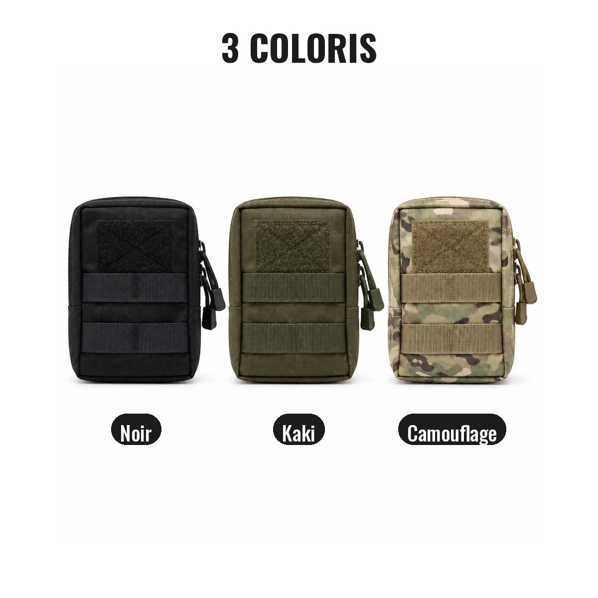 Pochette MOLLE Cynana en 3 coloris : noir, kaki et camouflage