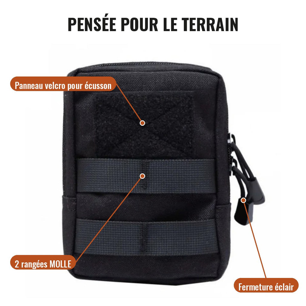 Détails de la pochette : panneau velcro pour écusson, 2 rangées MOLLE, fermeture éclair