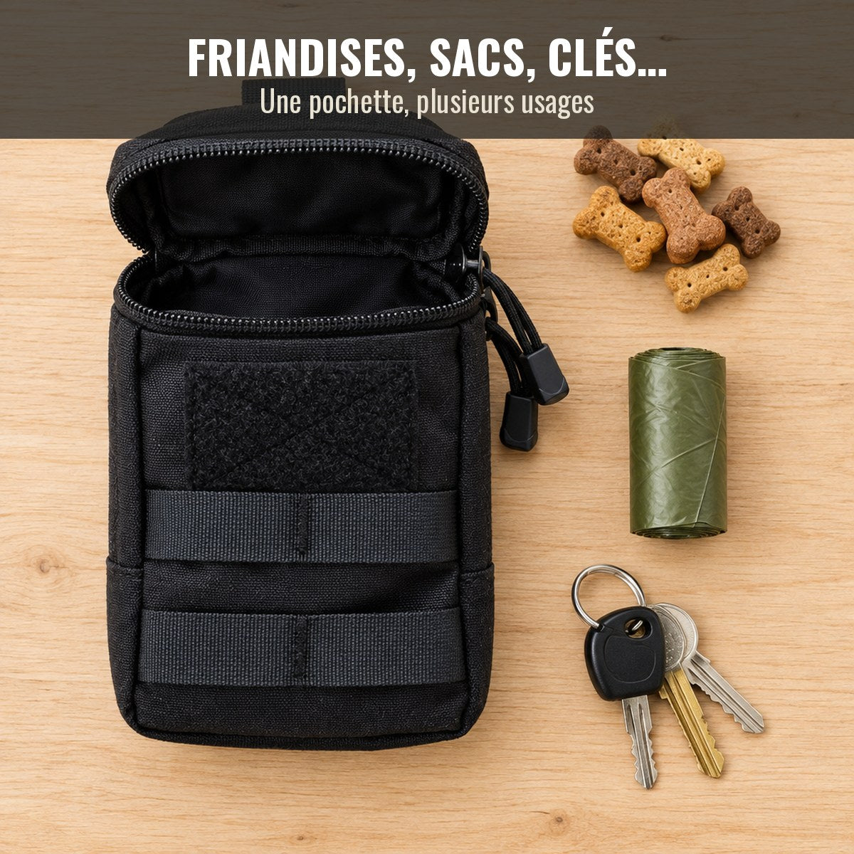 Pochette ouverte avec friandises, sacs à déjections et clés
