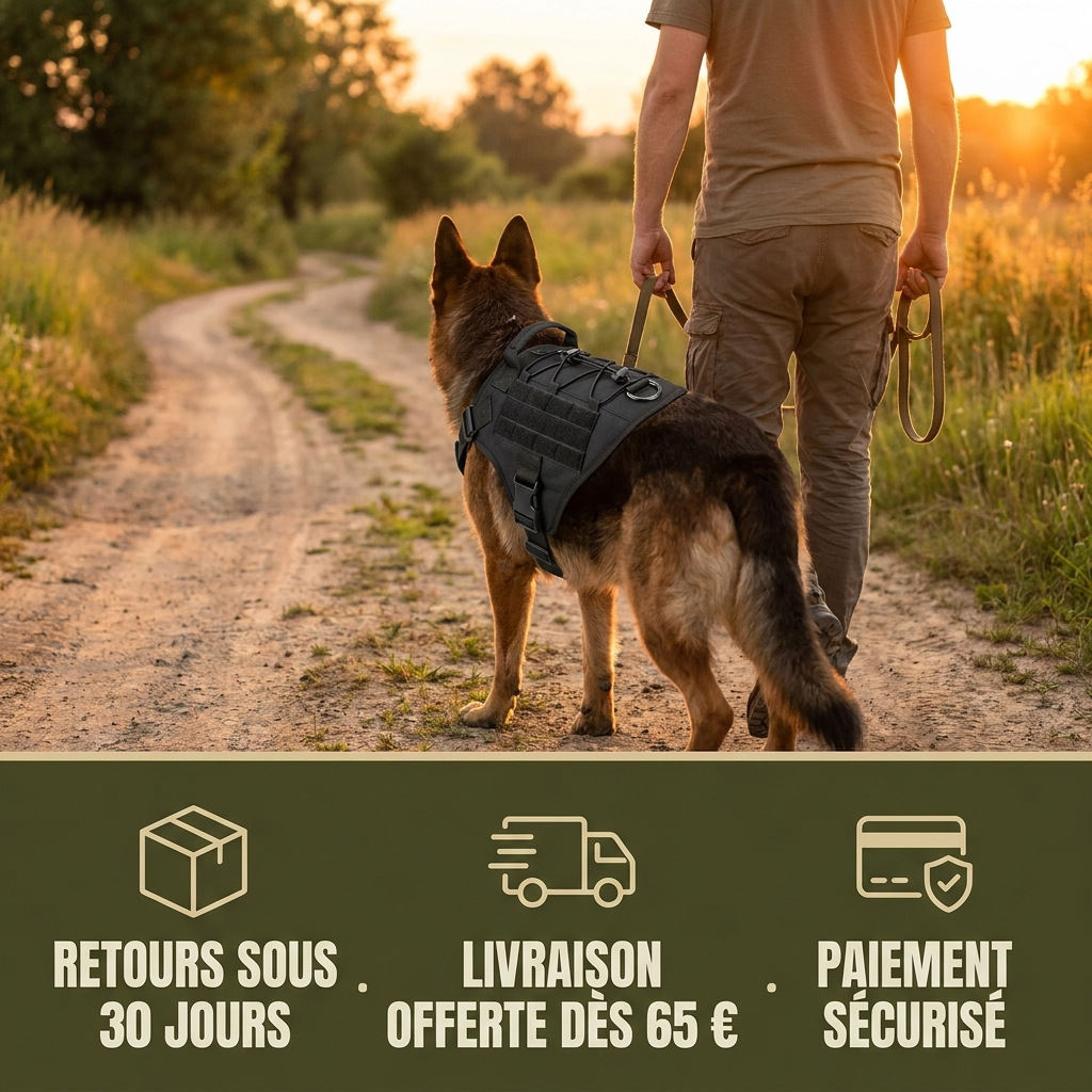 Maître et chien en harnais Contrôle+ au coucher du soleil. Retours sous 30 jours, livraison offerte dès 65 €, paiement sécurisé