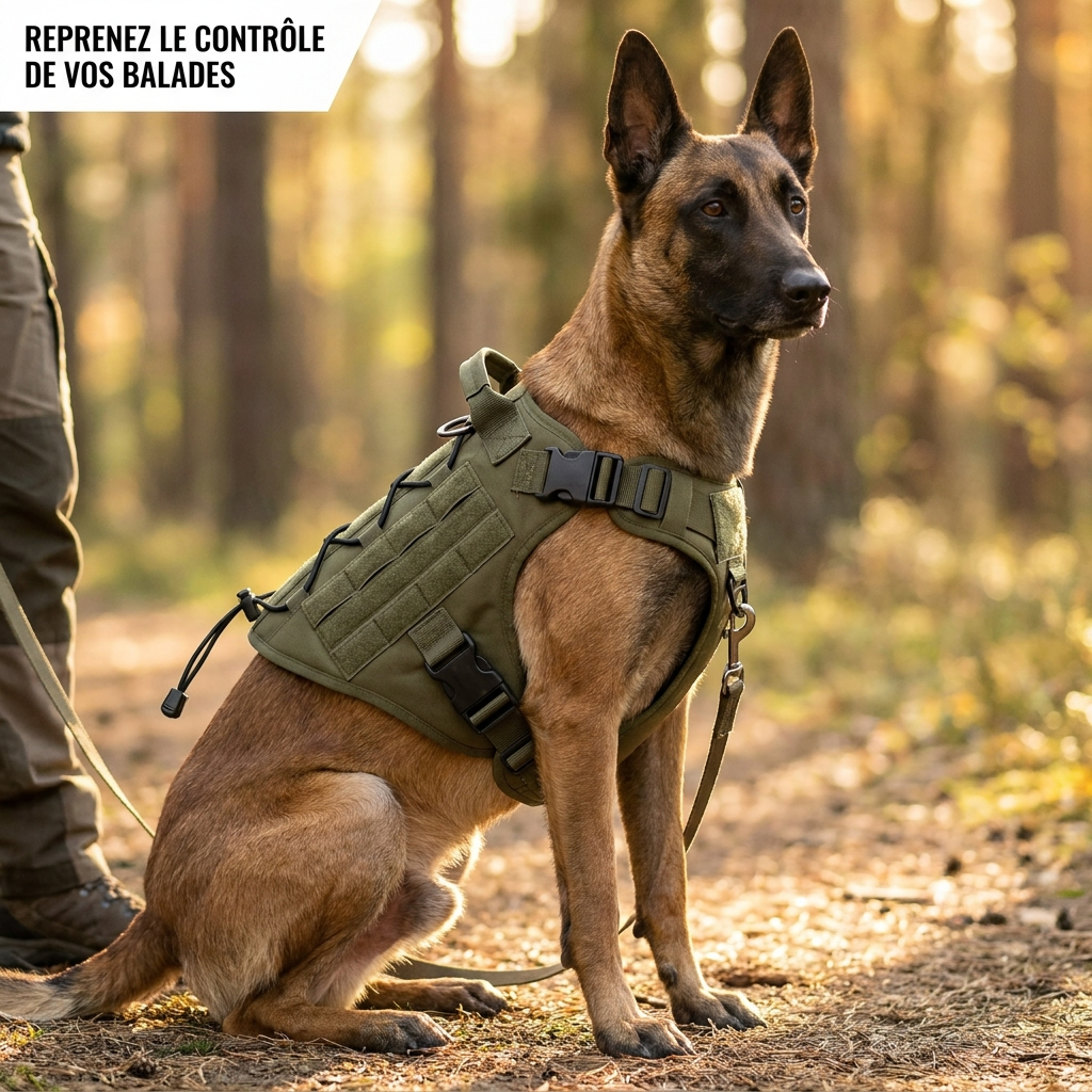 Malinois assis sur un sentier en forêt, équipé du harnais tactique Contrôle+ kaki
