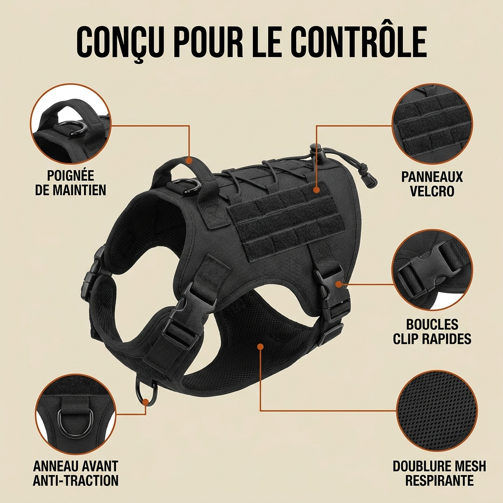 Caractéristiques du harnais Contrôle+ : anneau avant anti-traction, poignée, doublure mesh, panneaux velcro, boucles clip