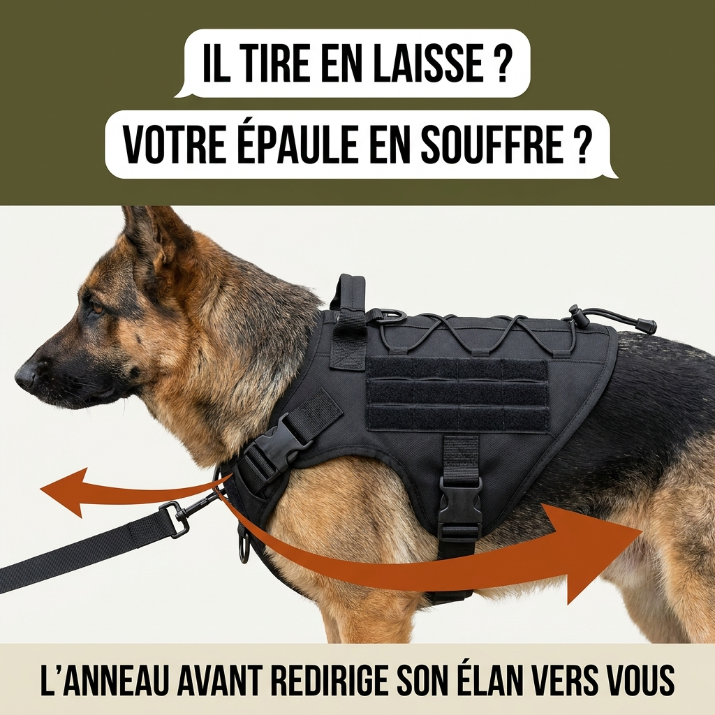 Berger allemand en harnais Contrôle+, laisse fixée à l'anneau avant qui redirige sa traction vers le maître
