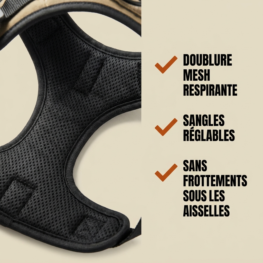 Gros plan sur la doublure mesh respirante et le rembourrage intérieur du harnais Contrôle+