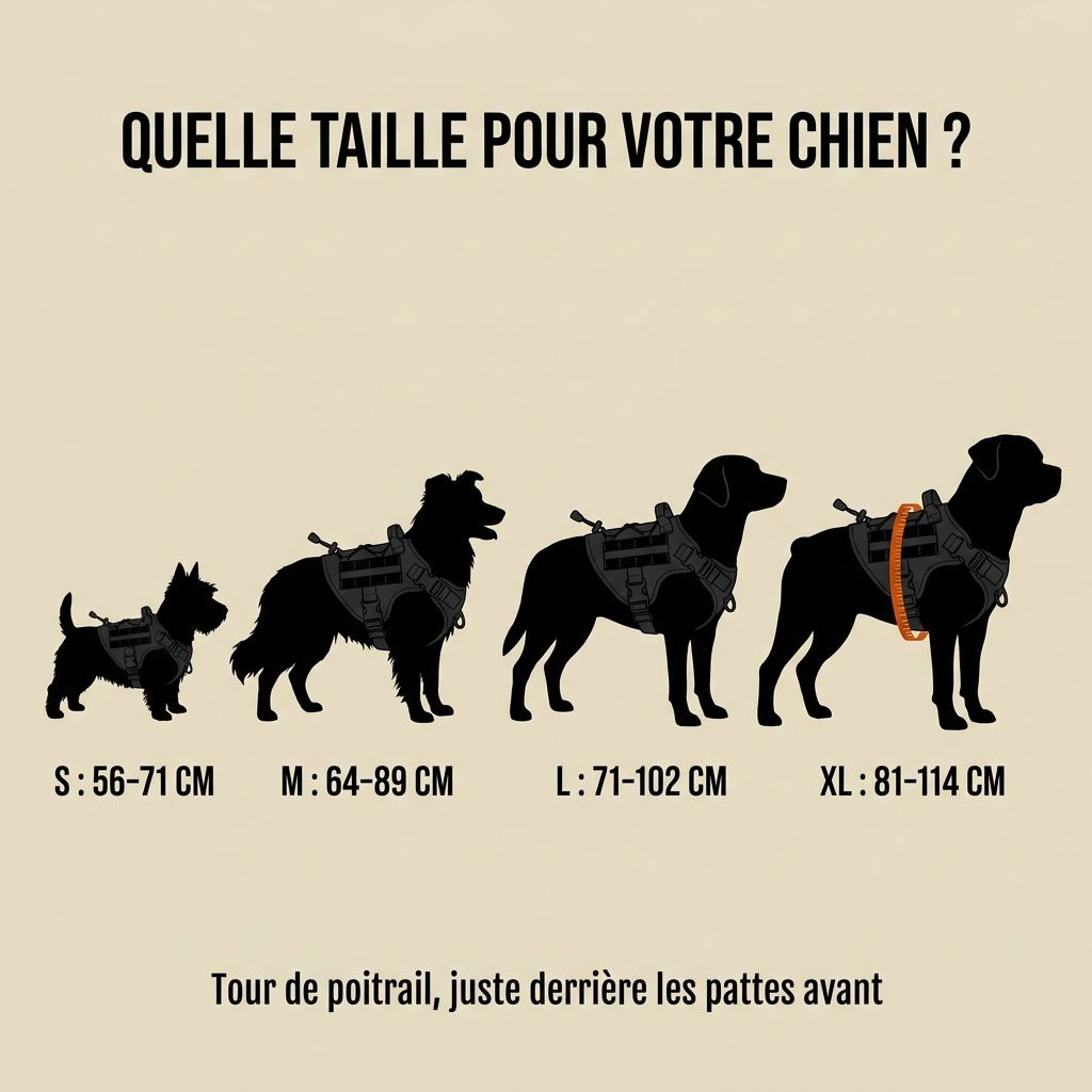 Guide des tailles du harnais Contrôle+ : S 56–71 cm, M 64–89 cm, L 71–102 cm, XL 81–114 cm de tour de poitrail
