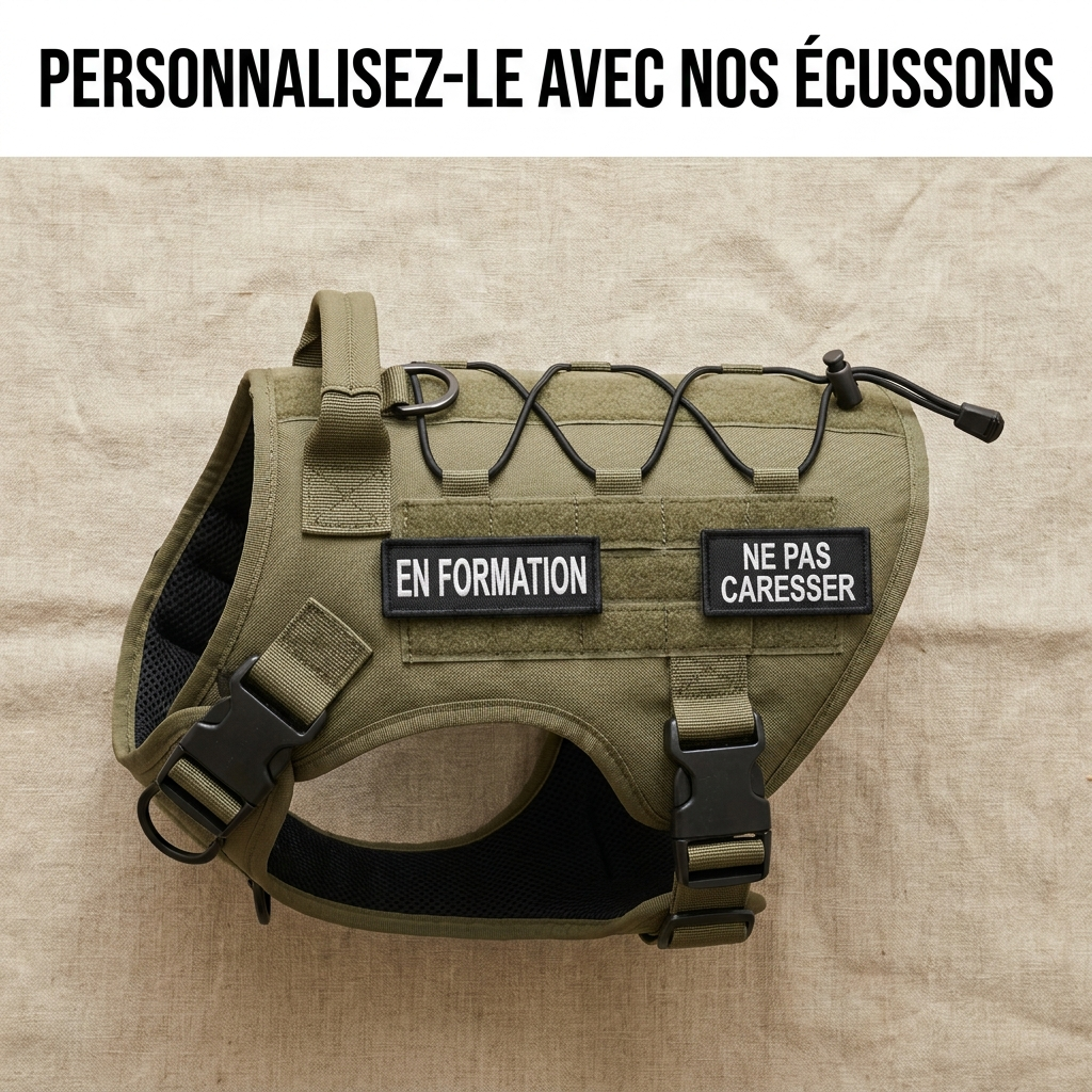 Harnais Contrôle+ kaki avec écussons velcro « EN FORMATION » et « NE PAS CARESSER »
