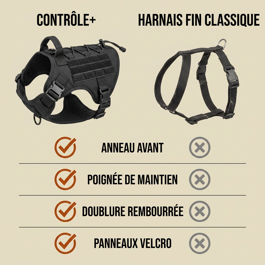 Comparatif entre le harnais tactique Contrôle+ et un harnais fin classique : anneau avant, poignée, rembourrage, velcro