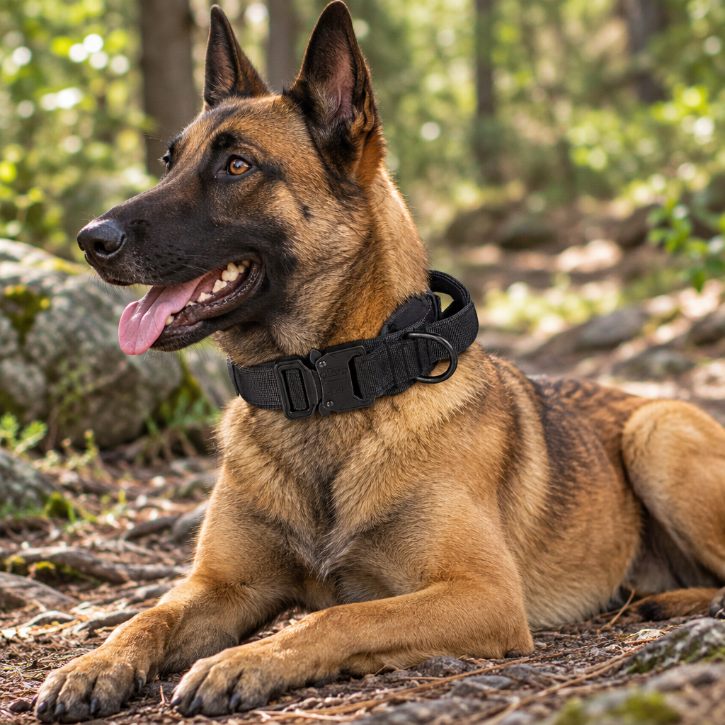 Malinois se reposant sur un sentier forestier avec son collier tactique Cynana Image