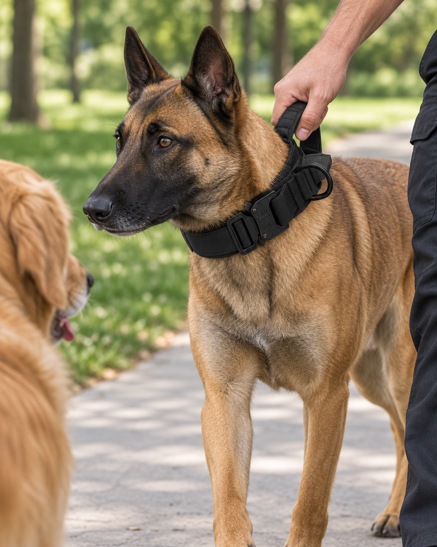 Croisement serein avec un autre chien, main du maître sur la poignée du collier Cynana Image