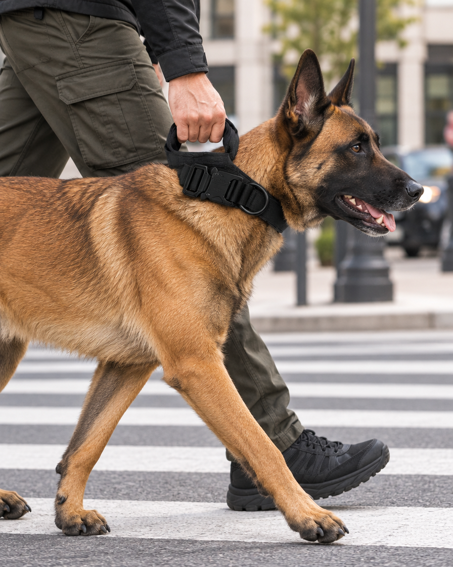 Traversée de passage piéton avec un Malinois tenu par la poignée de son collier Cynana Image