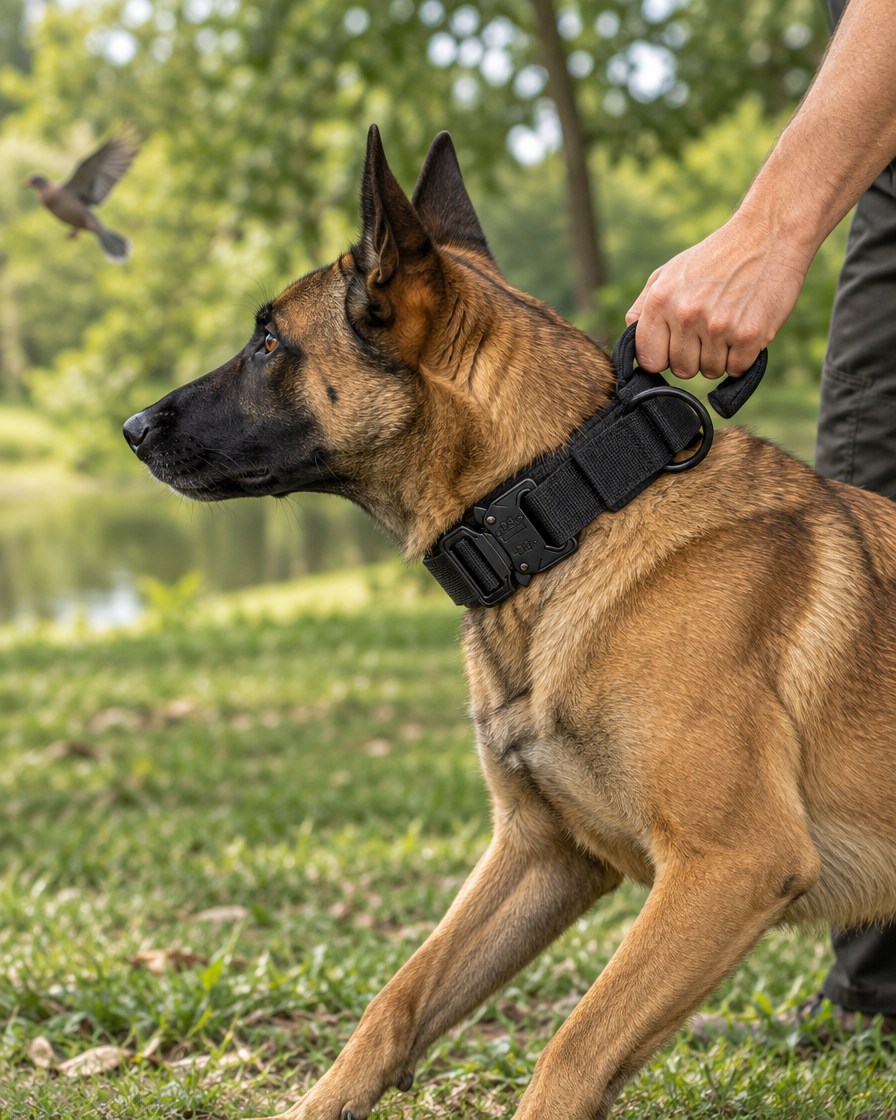 Malinois prêt à démarrer, déjà tenu par la poignée de son collier Cynana Image