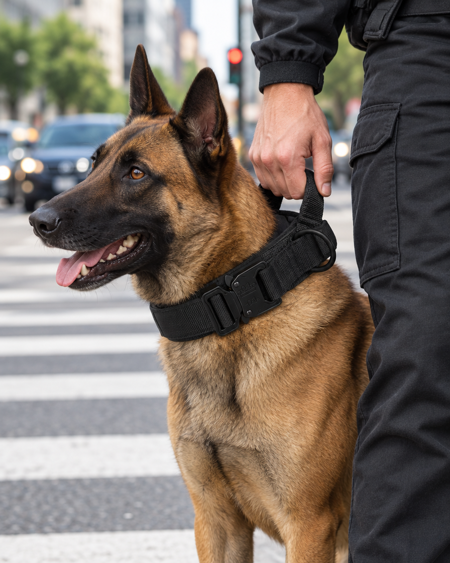 Maître tenant la poignée du collier Cynana à un passage piéton, chien contre sa jambe Image