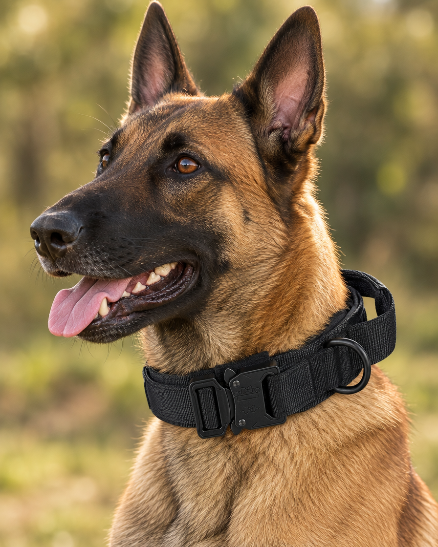 Portrait d'un Malinois portant le collier tactique Cynana, sangle large et boucle métal visibles Image