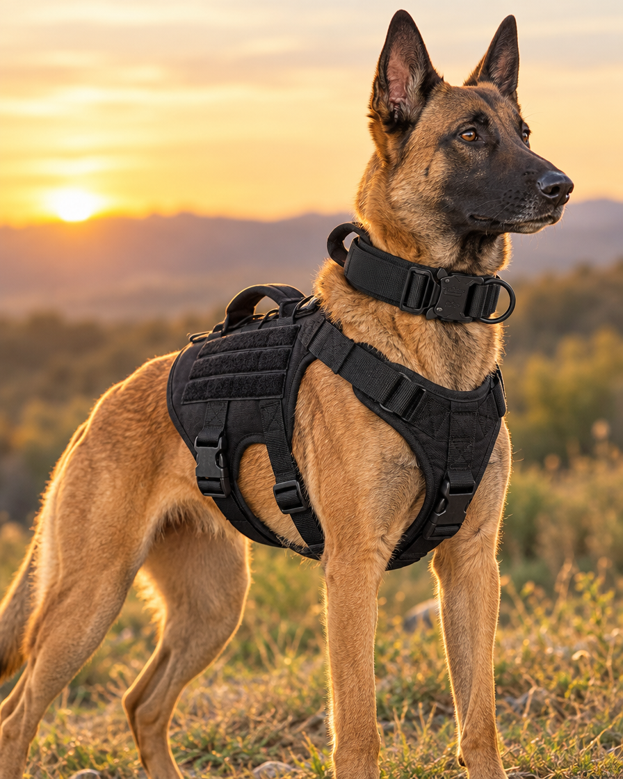 Malinois portant le harnais tactique et le collier Cynana assortis Image