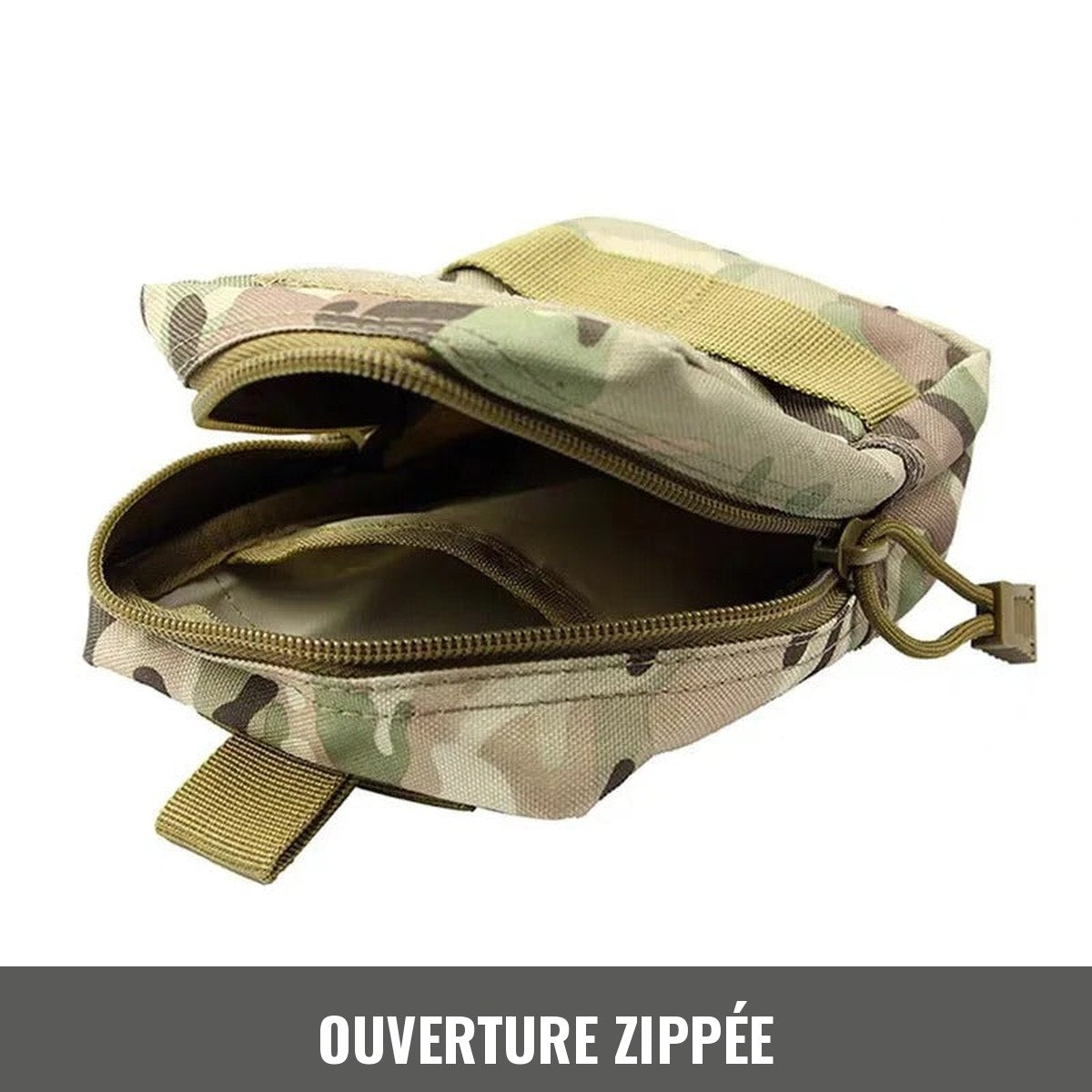 Pochette MOLLE camouflage ouverte, fermeture éclair