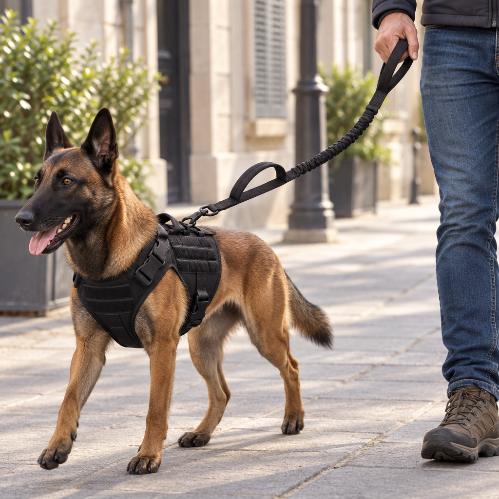 Malinois en harnais tactique noir tenu en laisse tactique Cynana sur un trottoir en ville