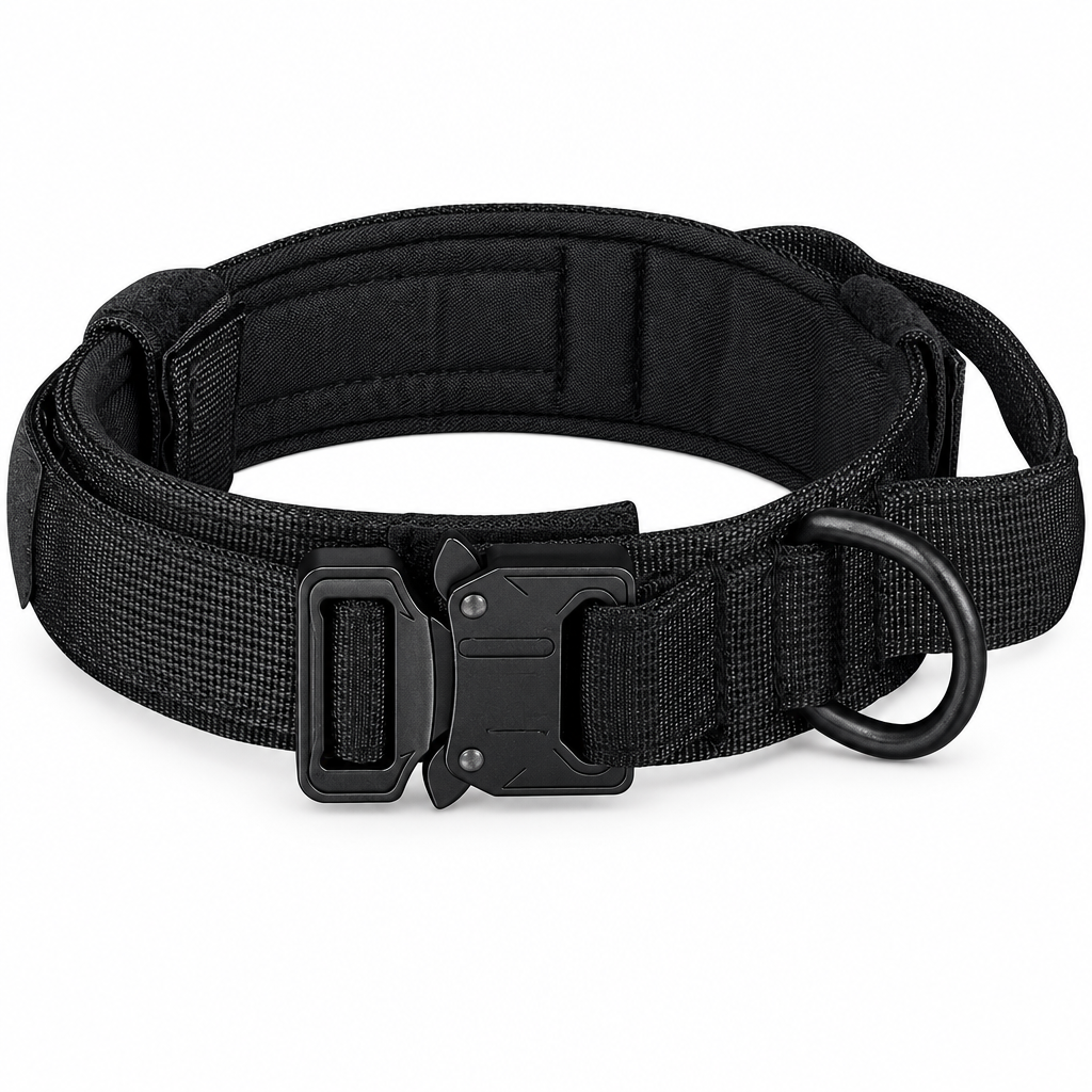 Collier tactique Contrôle+ Cynana noir avec poignée, boucle métal et anneau en D, sur fond blanc