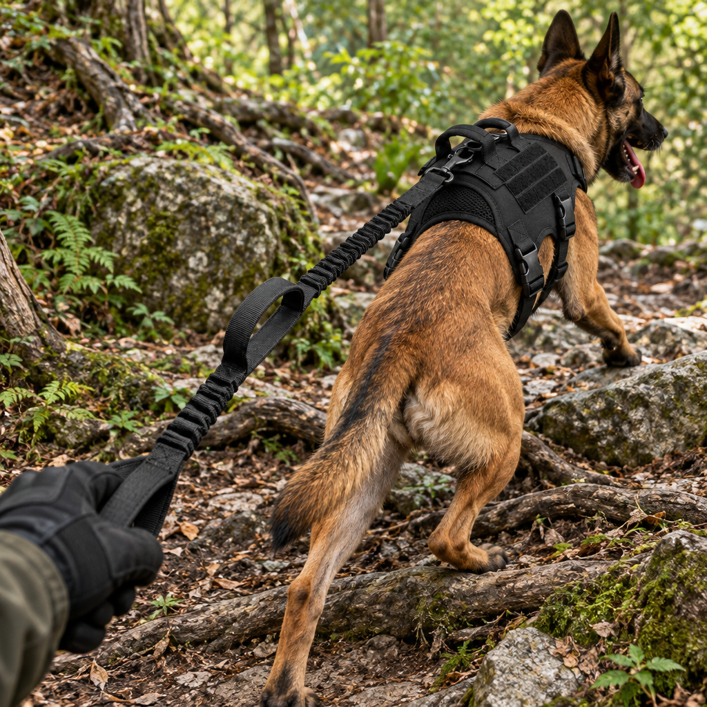 Malinois en harnais sur un sentier forestier, tenu en laisse tactique Cynana Image