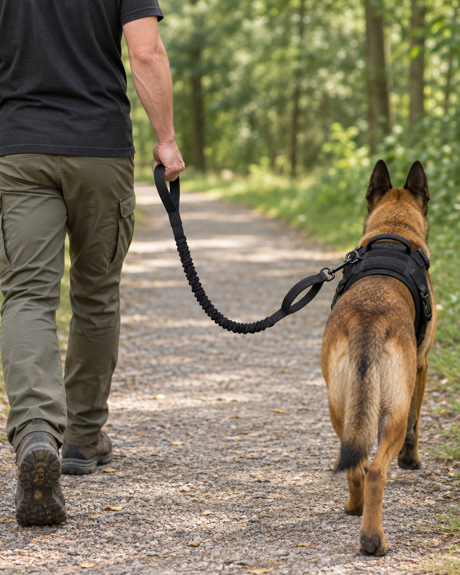 Balade calme avec un Malinois tenu en laisse tactique Cynana sur un chemin arboré Image