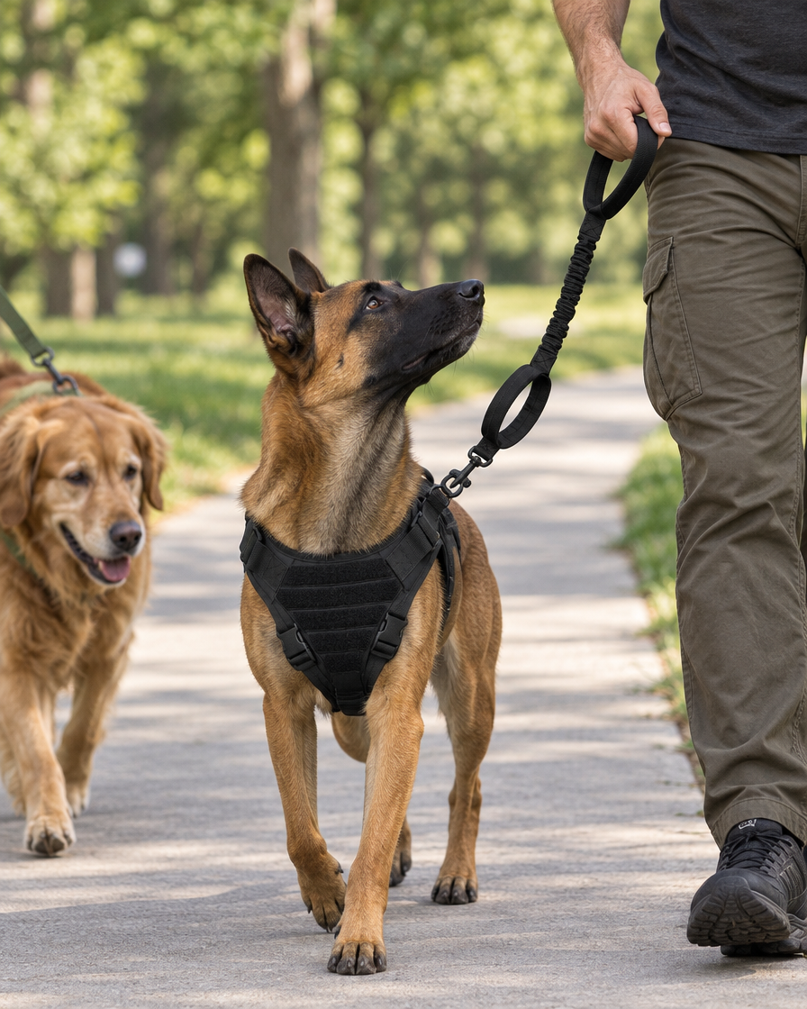 Croisement serein avec un autre chien, laisse Cynana tenue court Image