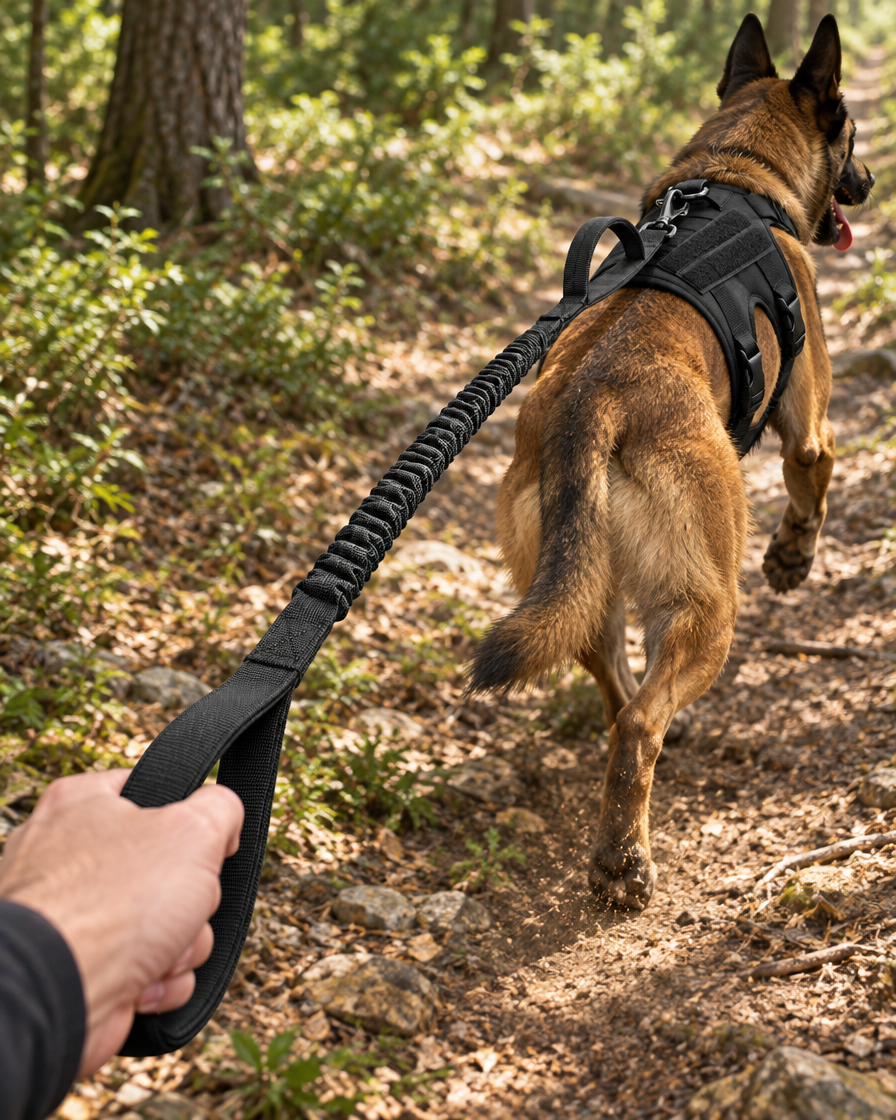 Partie élastique de la laisse Cynana tendue pendant que le chien tire sur un sentier Image