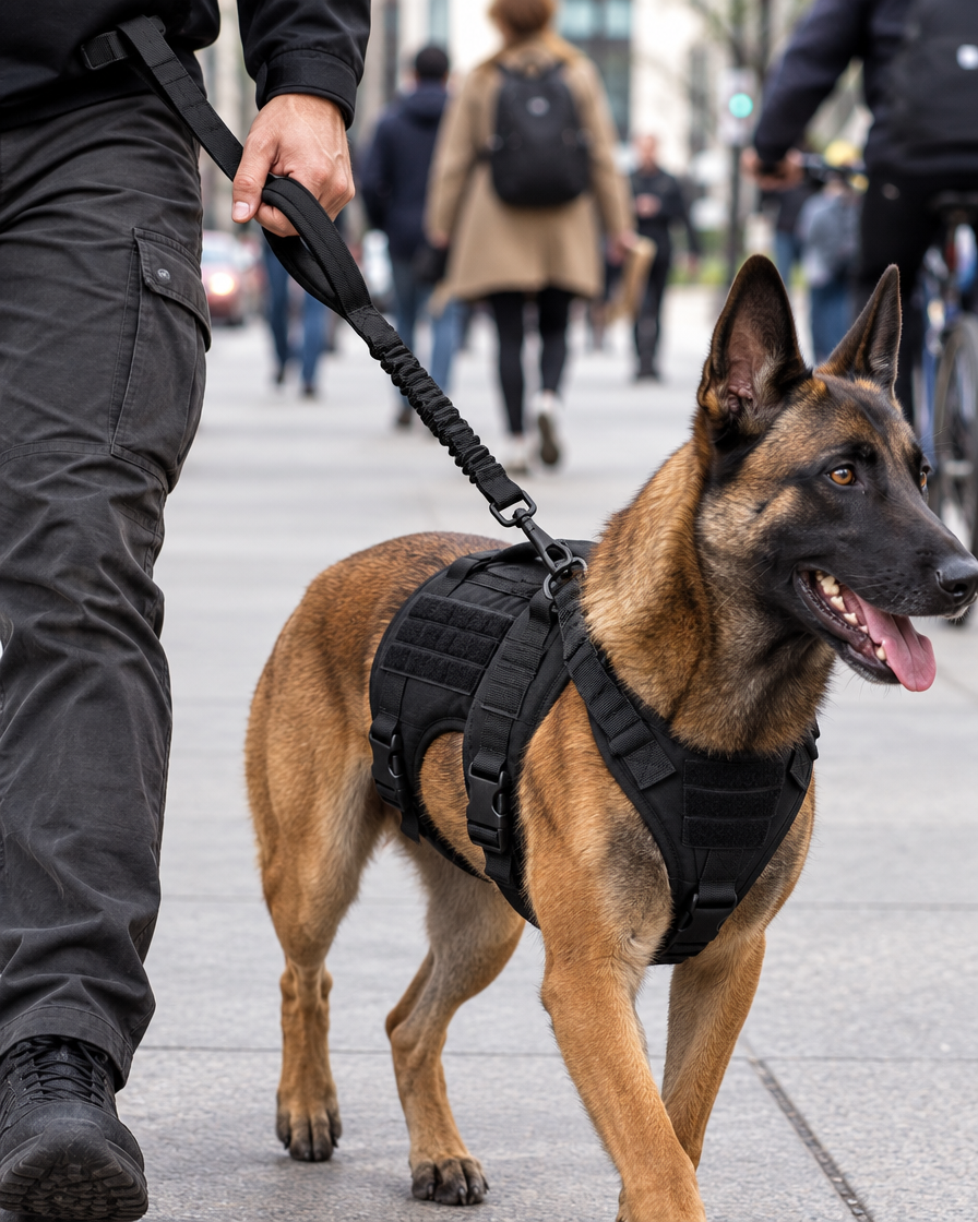 Chien gardé contre la jambe grâce à la seconde poignée de la laisse Cynana en ville Image