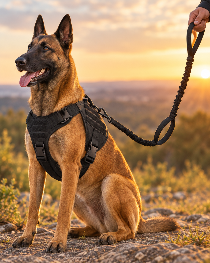 Malinois assis portant le harnais tactique et la laisse Cynana assortie Image