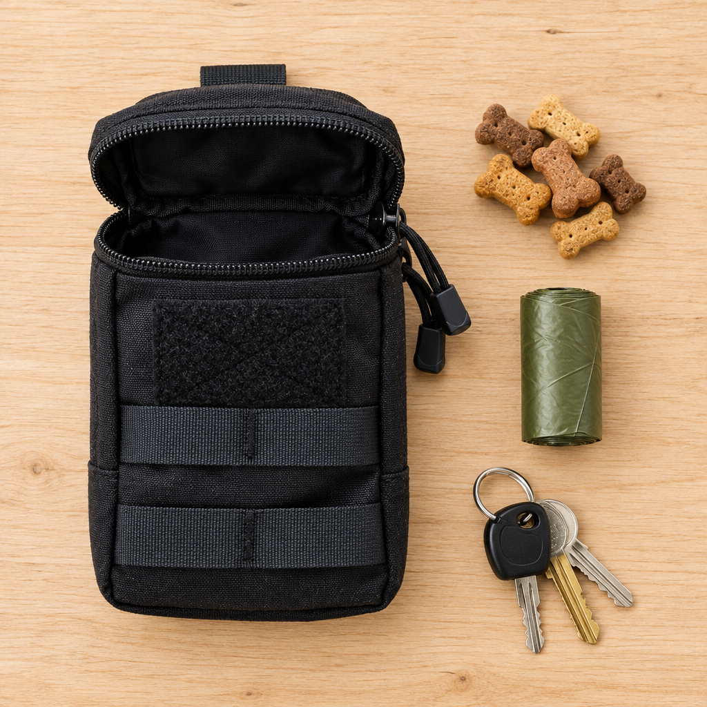Pochette ouverte avec friandises, sacs à déjections et clés Image