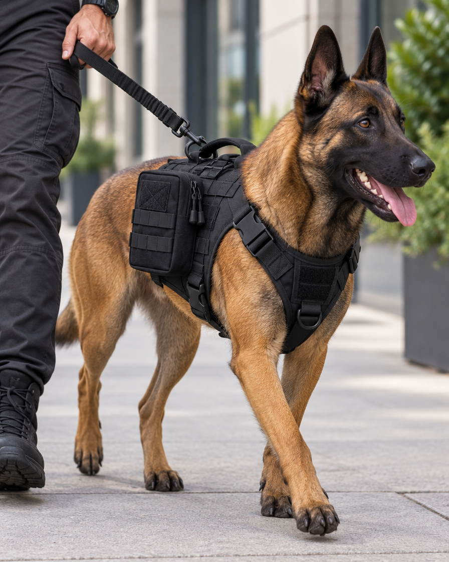 Malinois en ville avec la pochette fixée sur son harnais Image