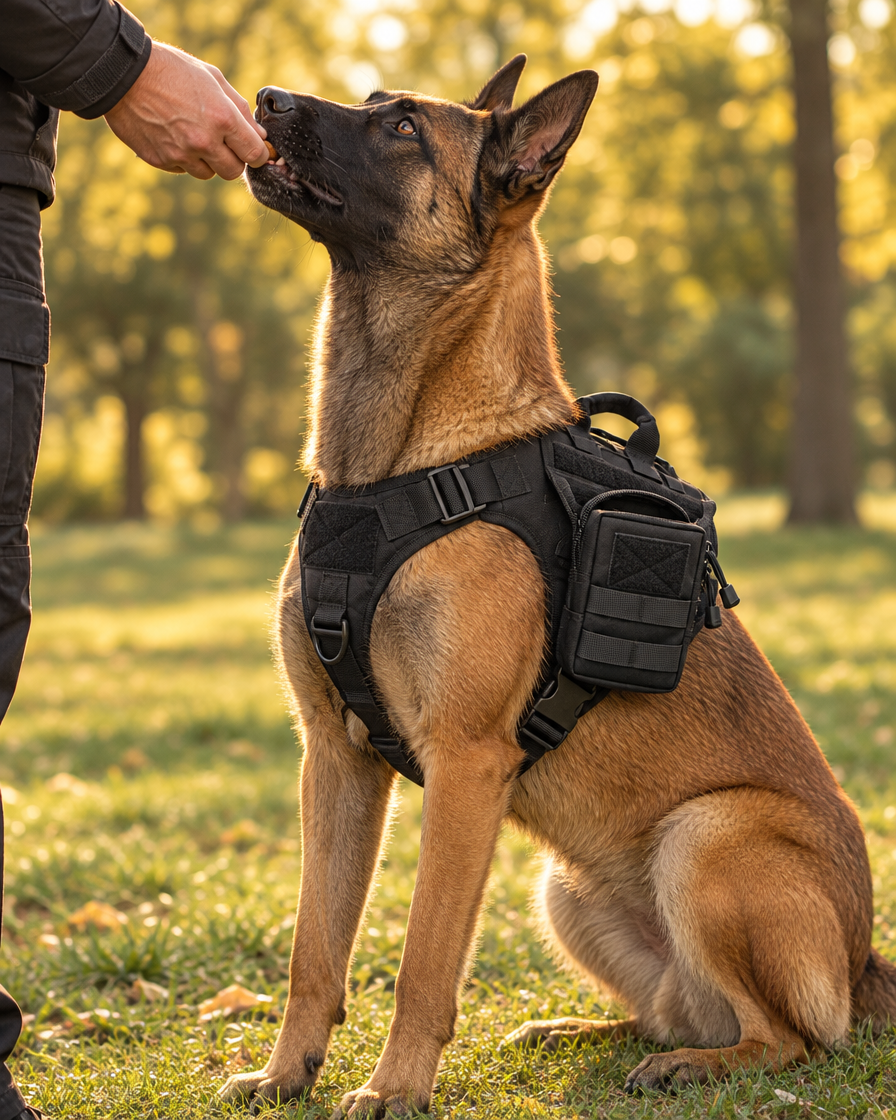 Malinois assis recevant une friandise sortie de la pochette fixée sur son harnais Image
